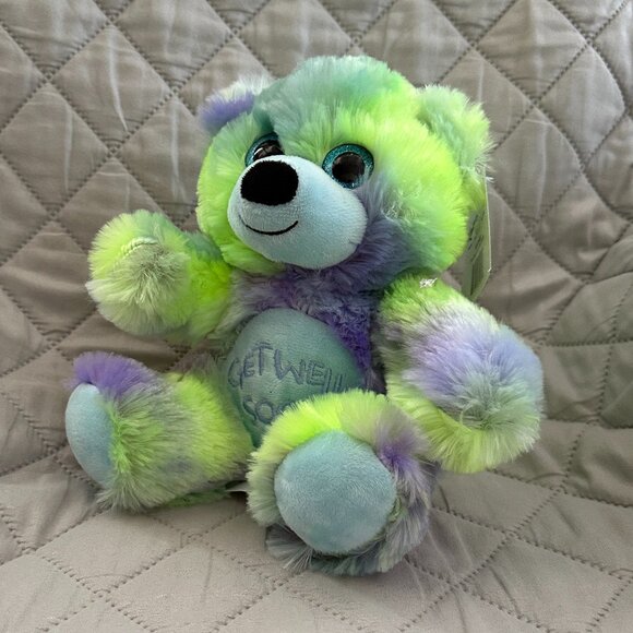 Bear Plush Toy Get Well Soon Bear Stuffed Animal 8" Blue Green Neon Purple - Picture 3 of 6